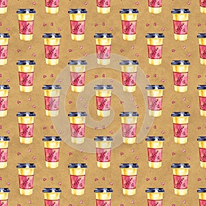Watercolor seamless pattern with disposables cups of coffee and hearts. Hand painted illustration
