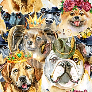 Watercolor seamless pattern of dogs on white background