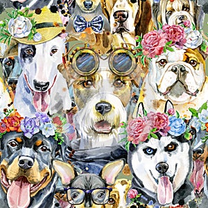 Watercolor seamless pattern of dogs on white background