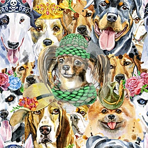 Watercolor seamless pattern of dogs on white background