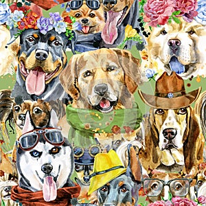 Watercolor seamless pattern of dogs on white background