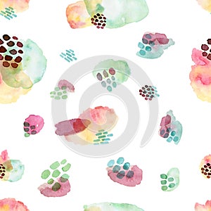 Watercolor seamless pattern, dot memphis fashion style, bright design repeating background. Hand painted modern brush