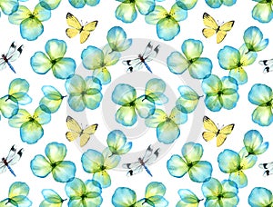 Watercolor seamless pattern. Dragonfly, butterfly and transparent field flowers. Isolated hand drawn illustration with