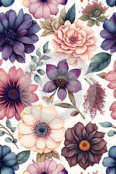 Watercolor seamless pattern with dried flowers herbarium