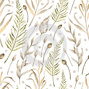 Watercolor Seamless Pattern with dry plants and branches on isolated background. Hand drawn botanical backdrop with wild