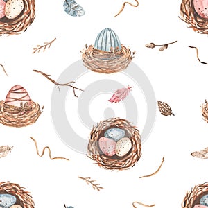 Watercolor seamless pattern with easter eggs, nests, willow, feathers, easter print