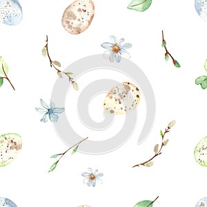 Watercolor seamless pattern with Easter eggs for textures, quail eggs, spring greens, flowers