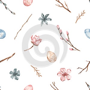 Watercolor seamless pattern with easter eggs, willow branches, pink flowers, easter print