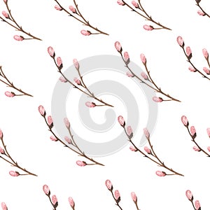 Watercolor seamless pattern with easter pink willow branches, easter print