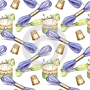 watercolor seamless pattern of embroidery theme, hand drawn sketch of handiwork with flosses, yarn, pins, thimble