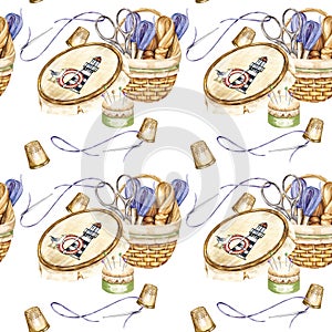 watercolor seamless pattern with embroidery tools, hand drawn sketch of handiwork with needlework basket, scissors