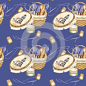watercolor seamless pattern with embroidery tools, hand drawn sketch of handiwork with needlework basket, scissors