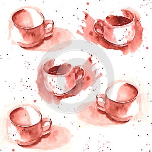 Watercolor seamless pattern from an empty white cup andwhite cup of coffee or tea with splashes and place for text