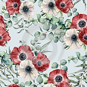 Watercolor seamless pattern with eucalyptus leaves and anemone. Hand painted red and white anemones, green brunch on