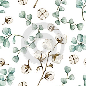 Watercolor seamless pattern with eucalyptus leaves and cotton plant