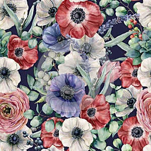 Watercolor seamless pattern with eucalyptus leaves and different flowers. Hand painted anemones, ranunculus, berries