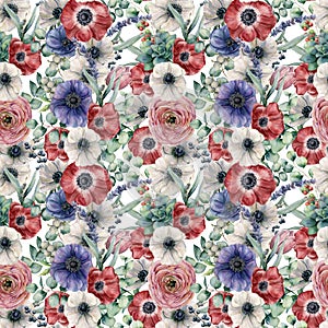 Watercolor seamless pattern with eucalyptus leaves and flowers. Hand painted red, white and blue anemones, ranunculus