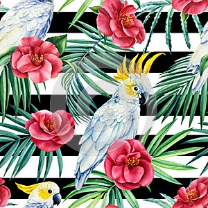 Watercolor seamless pattern with exotic leaves flowers and cockatoo birds on black white geometric background