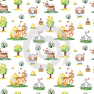 watercolor seamless pattern farm houses and pets