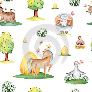 watercolor seamless pattern farm houses and pets