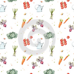 Watercolor seamless pattern with farm vegetables. My summer eco Garden background with carrots, onions, cabbage, beets, tomato.