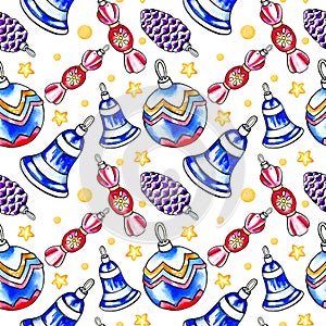 watercolor seamless pattern with festive elements, hand draw illustration of colored christmas tree toys, bell, seets