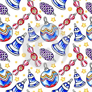 watercolor seamless pattern with festive elements, hand draw illustration of colored christmas tree toys, bell, seets photo