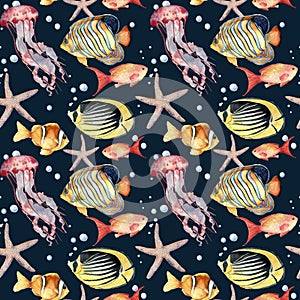 Watercolor seamless pattern with fish on blue background. Hand painted tropical fish, starfish, jellyfish, and air