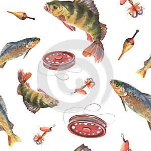 Watercolor seamless pattern with fish and fishing tools on white background. For design, postcards, stickers