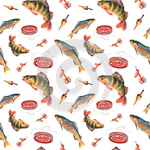 Watercolor seamless pattern with fish and fishing tools on white background. For design, postcards, stickers