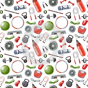 Watercolor seamless pattern with fitness equipment isolated on white background