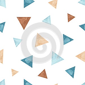 Watercolor seamless pattern with flags, hand painted blue and beige triangles for children`s textiles, prints