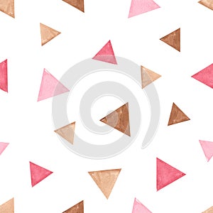 Watercolor seamless pattern with flags, hand painted pink and beige triangles for children`s textiles