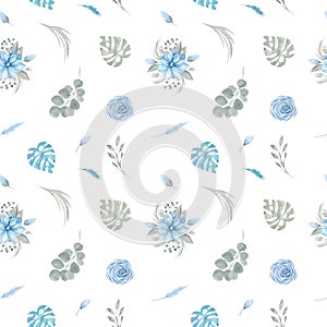 Watercolor Seamless pattern of Floral blue flowers and greenery on a white background Rose Magnolia Leaves, Tropical leaves, the