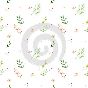 Watercolor seamless pattern - floral childish textile. Background with green leaves, polka dot, rainbow and butterfly. Perfect for