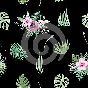 Watercolor seamless pattern of floral elements on a black background. Pink flowers rose poppy Leaves Tropical leaves Monstera palm