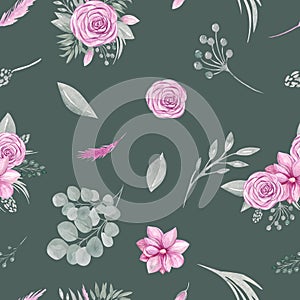 Watercolor seamless pattern of floral elements on a dark green background Pink flowers rose Magnolia Leaves, leaf and branch of