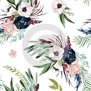 Watercolor seamless pattern. Floral illustration - blush / pink / navy anemone flowers bouquets on white background