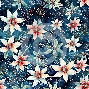 Watercolor seamless pattern with flowers and foliage on dark blue background