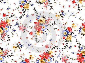 Watercolor seamless pattern with flowers and leaves. Hand painted watercolor illustration on white background.