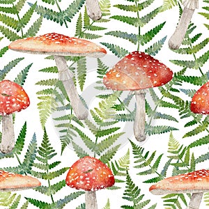 Watercolor seamless pattern with fly agaric and green fern. Forest print.