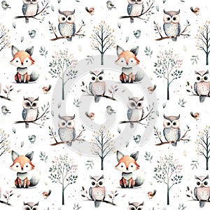 Watercolor seamless pattern with forest animals and foliage isolated on white background