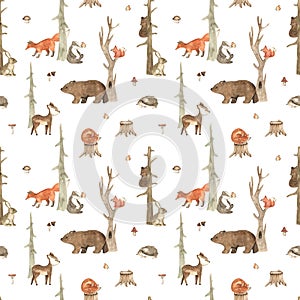 Watercolor seamless pattern with forest animals, fox, squirrel, deer, hare, badger, bear, trees, for prints, textures,