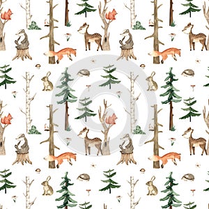 Watercolor seamless pattern with forest animals, fox, squirrel, deer, hare, bird, trees, fir tree, evergreens, for prints,