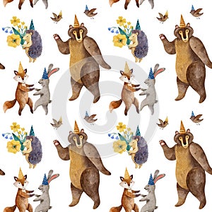 Watercolor seamless pattern with forest animals on white background