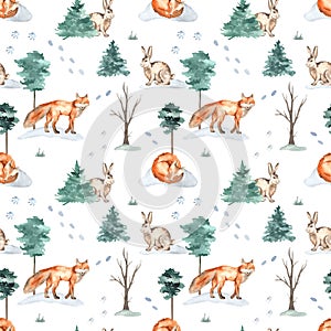 Watercolor seamless pattern with forest animals in the winter forest, fox, hare, animal footprints in the snow on a white