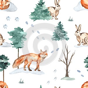 Watercolor seamless pattern with forest animals in the winter forest, fox, hare, animal footprints in the snow on a white