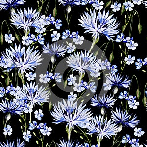 Watercolor seamless pattern with forget me not flowers and cornflowers.