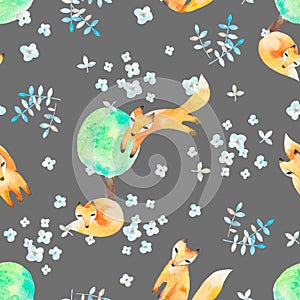 Watercolor seamless pattern with foxes in forest. Good for kids