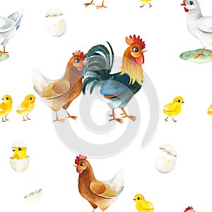Watercolor seamless pattern with funny family - rooster, hen and chickens
